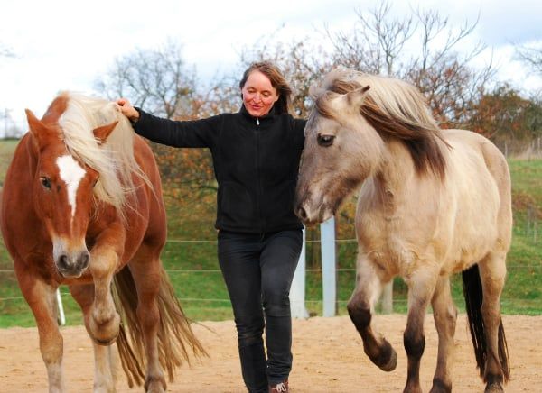 Cornelia Plänitz führt zwei Ponys ohne Strick über den Reitplatz